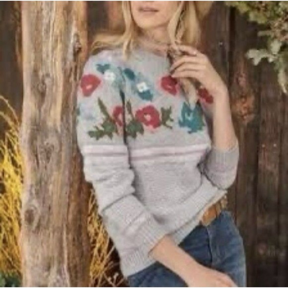 Sundance Bold Botanic Wool Sweater Embroidered Floral Gray Pink Women's Medium - Picture 2 of 6